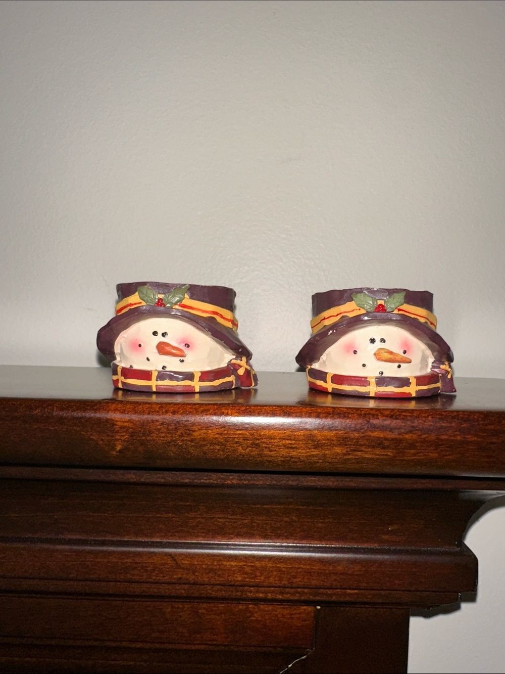 Crazy Mountain Primitive Snowman Tea Light Candle Holders x 2